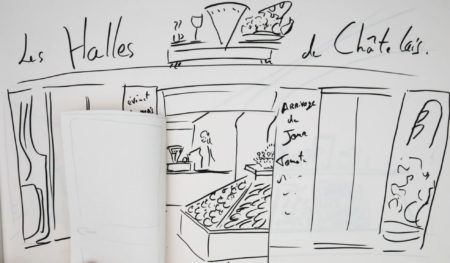 Dessin des Halles de Châtelais, la boutique bar épicerie associatif